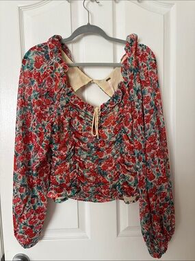 Free People Red Multi Floral Ruched Tie-Front Peasant Blouse